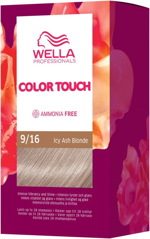 A box of hair dye labeled Wella Professionals Color Touch, shade 9/16 Icy Ash Blonde, ammonia-free. Bright colors on box.