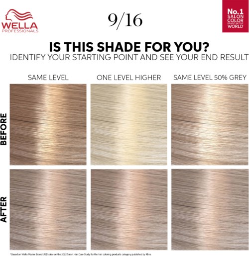A Wella hair color chart compares shades before and after dyeing, showing different levels and greys for clients.