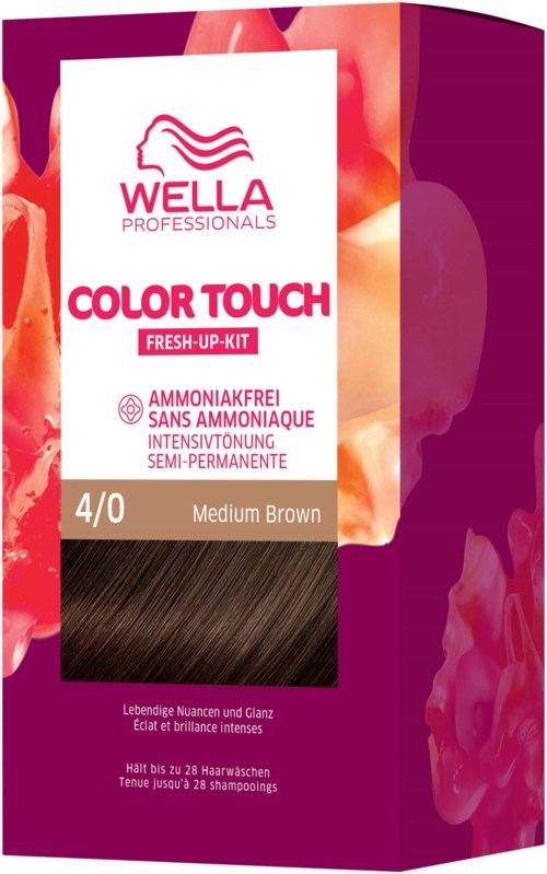 A box of Wella Color Touch hair dye in medium brown, featuring pink, purple, and orange colors and product details.