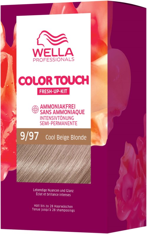 A box labeled Wella Color Touch with beige hair dye, scent, and product details in pink, purple, and beige colors.