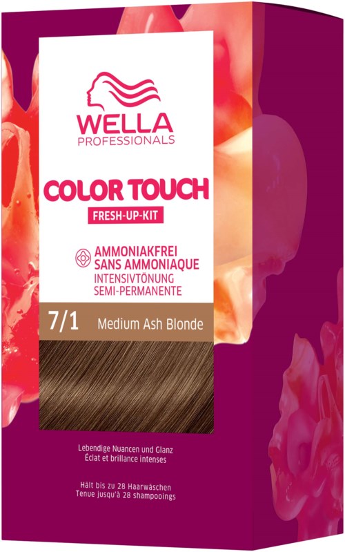 A box of hair dye with pink, brown, and purple colors, labeled "Wella Professionals Color Touch" and "Fresh-Up-Kit."