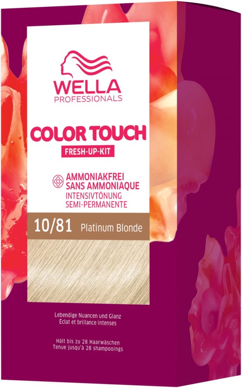 A box of Wella Professionals hair dye with pink, purple, and beige colors, indicating it's for blonde hair.
