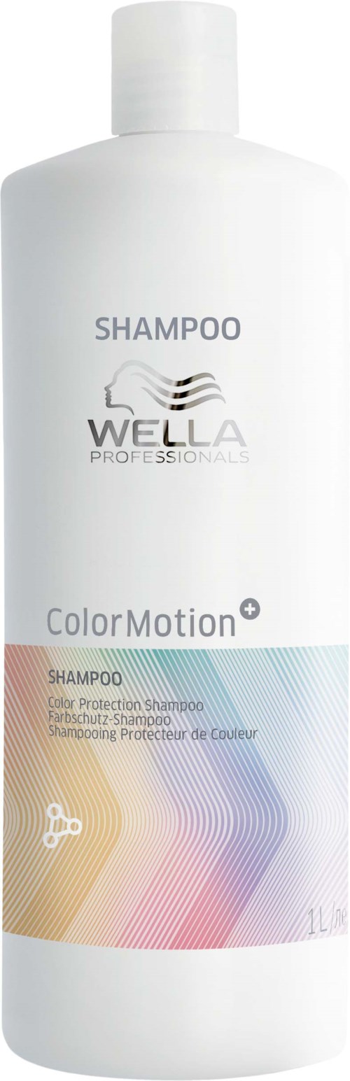 Valkoinen shampoolekki, jossa on Wella-merkin ja ColorMotion-nimen etiketti sekä värikkäitä viivoja.
