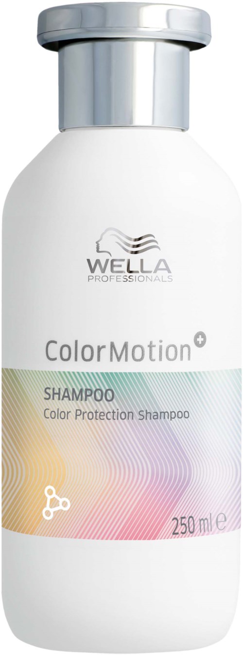 Een witte fles met Wella-sjampo met een zilveren dop, gelabeld "Color Motion" voor kleurbehoud, 250 ml.
