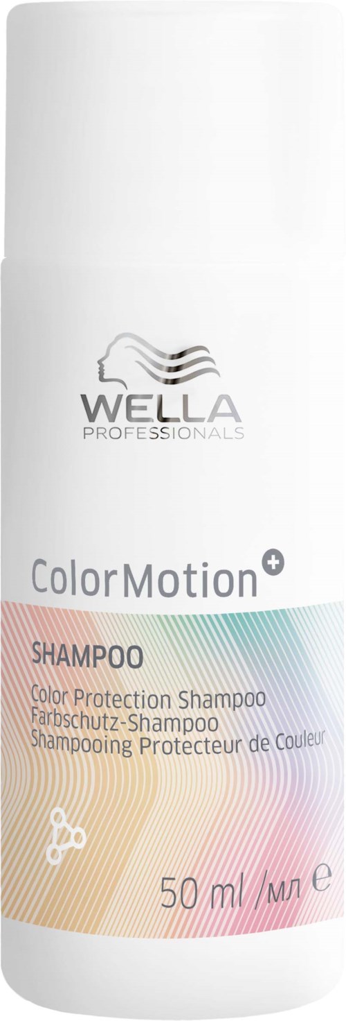 Valkoinen pullo Wella ColorMotion+ sampoolla ja värikkäillä aalloilla etikettissä.