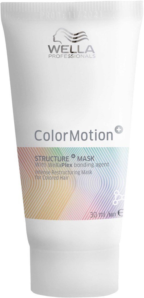 Valkoinen tuubi, jossa lukee 'Wella Professionals' ja 'ColorMotion.' Se on hiushoitonaamio värjätyille hiuksille.