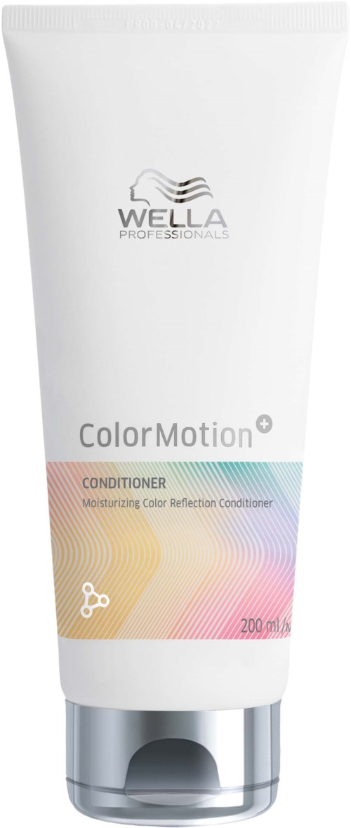 Valkoinen puteli Wella Professionals Color Motion Conditioner, värikkäällä aaltoilevalla suunnittelulla ja harmaalla kelaajalla.