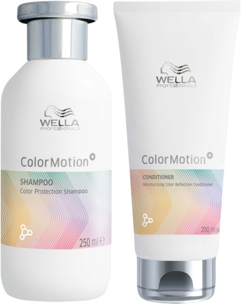 Twee haarverzorgingsproducten: shampoo en conditioner, allebei 'Color Motion' en van Wella. Shampoo 250 ml, conditioner 200 ml.