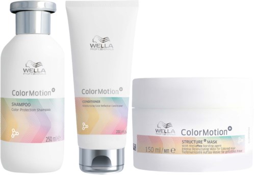 Kolme hiustenhoitotuotetta: shampoo, hoitoaine ja maski, kaikki Wella Color Motion -linjasta.