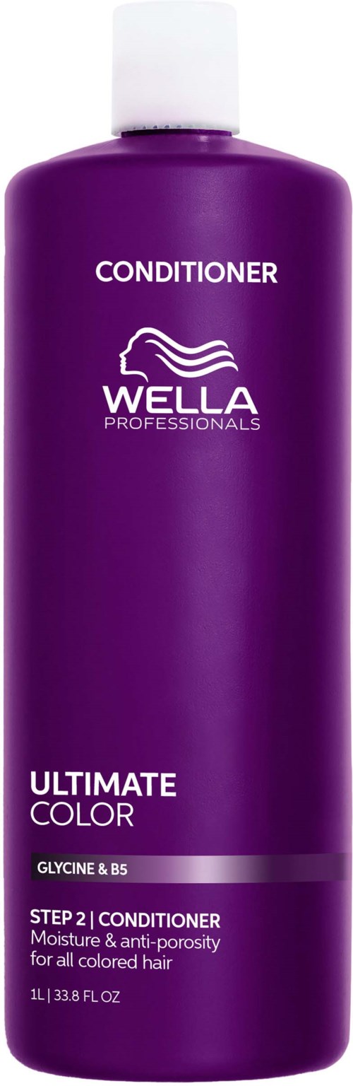Purple bottle of Wella hair conditioner labeled 'Ultimate Color' for colored hair, with key information and size details.