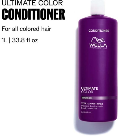A purple bottle of Wella Ultimate Color Conditioner for all colored hair, 1 liter, with label details.
