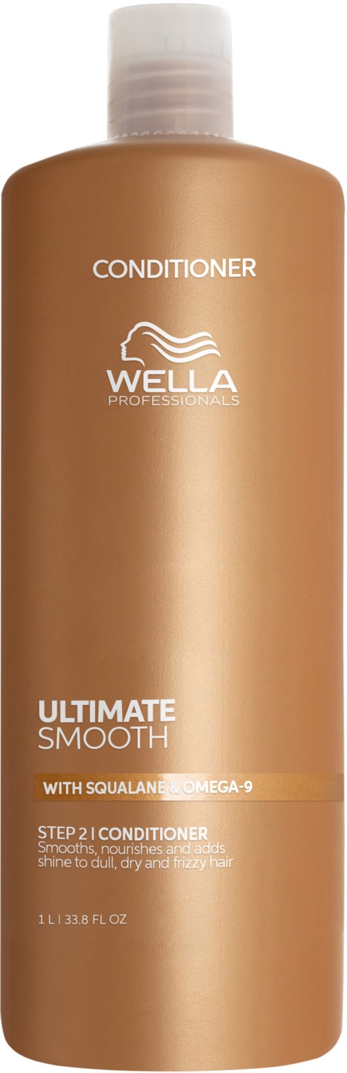 Eine lange, braune Flasche mit Wella Ultimate Smooth Conditioner und weißem Deckel.
