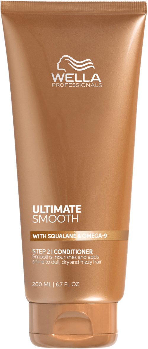 Een bruin tube Wella Professionals Ultimate Smooth conditioner, 200 ml, met witte tekst en logo.