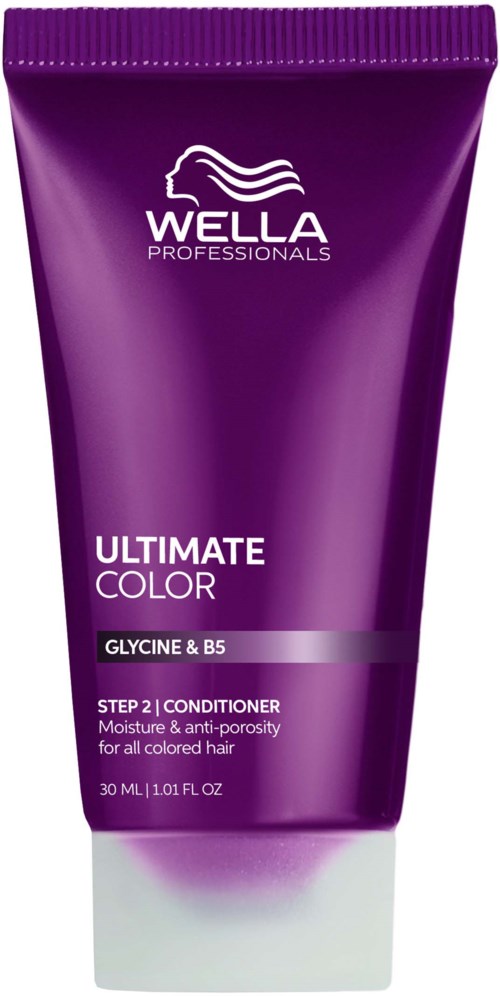 Purple tube of Wella Ultimate Color conditioner with glycine and B5 for colored hair.