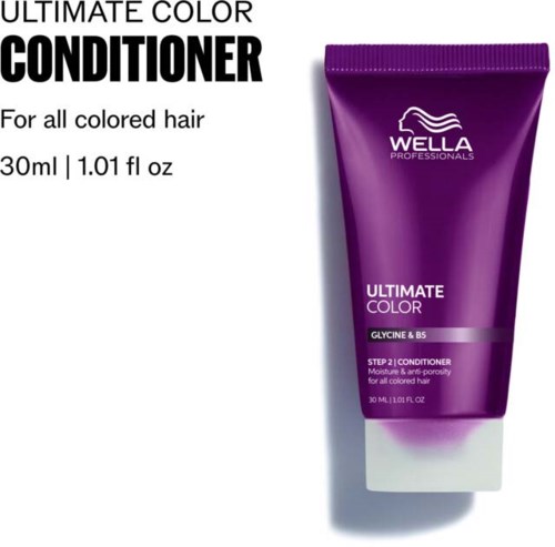 A purple tube of Wella Ultimate Color Conditioner for all colored hair, 30ml size, with text describing usage.
