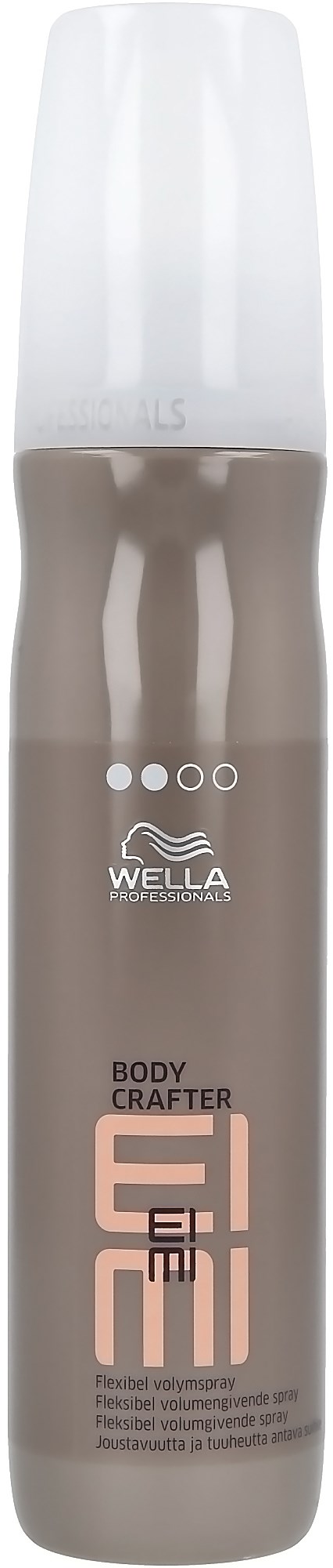 Een fles Wella Body Crafter, een haarstylingproduct, met een witte dop en een beige label.