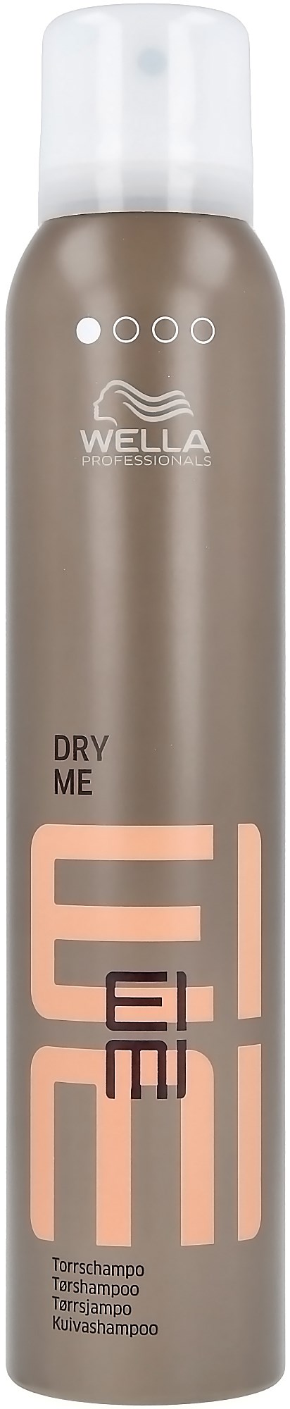 A tall, brown spray bottle with gray and pink writing, labeled "WELLA Dry Me" hair shampoo.