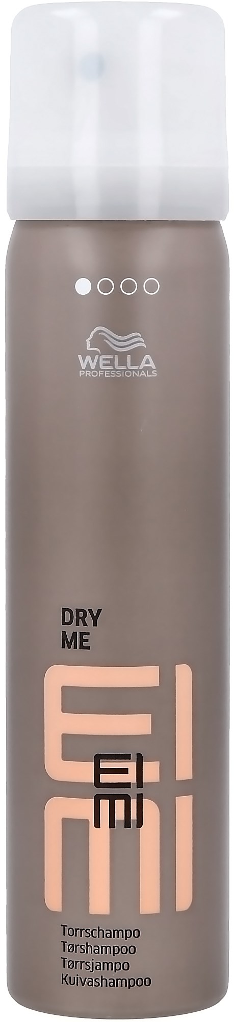 Een lange, grijze fles met een witte dop, gemarkeerd Wella Dry Me, een droogshampoo spray.