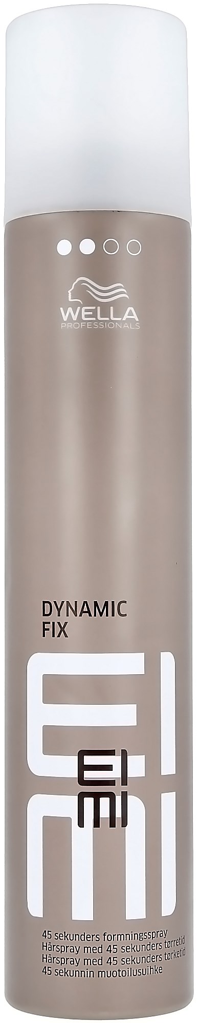 Een lange, beige spuitbus met witte dop, gemarkeerd met WELLA en DYNAMIC FIX, gebruikt voor haarstyling.