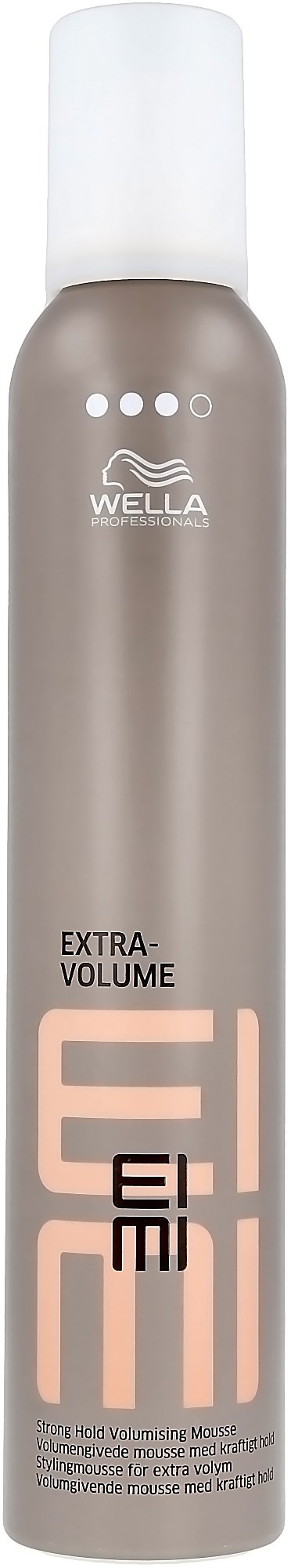 A can of Wella extra volume hair mousse, with a silver and white design, and scented for hair styling.