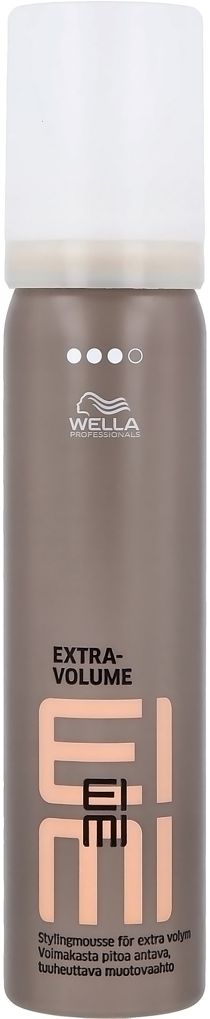 Een fles Wella Extra Volume stylingmousse met een witte dop en grijze body.