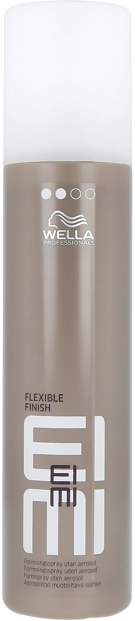 Een lange, slanke bus met een witte dop, gemarkeerd WELLA, voor haarstylingproducten, met de tekst 'Flexible Finish'.