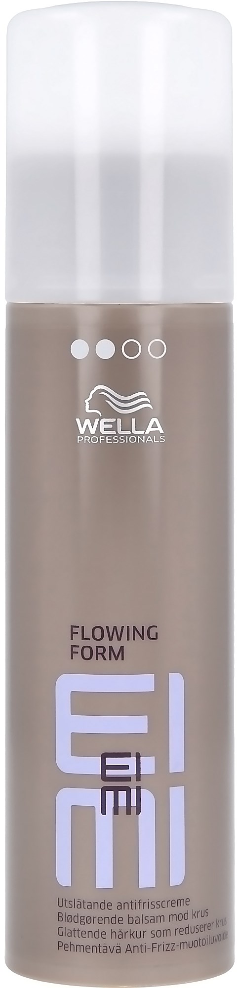 Een cilindervormige fles met Wella Flowing Form styling product, witte dop en grijs label.