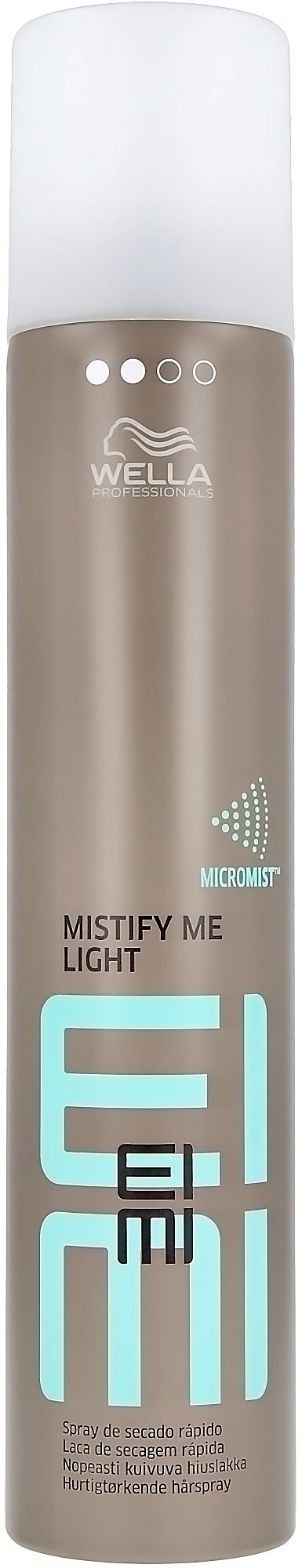 Lange, grijze sprayfles met witte dop en lichtblauwe tekst, gemerkt WELLA en Mistify Me Light.