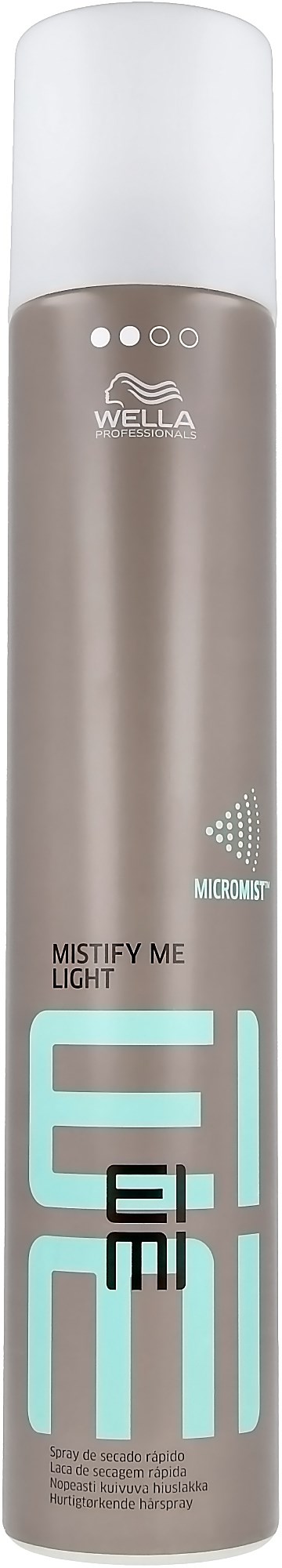 Eine hohe, zylindrische Sprühdose mit weißem Deckel und hellbraunem Körper, beschriftet als Wella Mistify Me Light.
