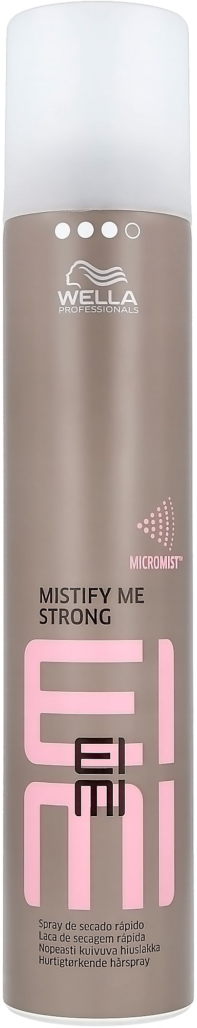 A tall cylindrical bottle with a white cap and gray body, labeled as Wella Mistify Me Strong hair spray, pink and black text.