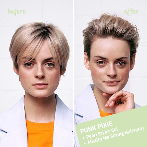 Eine Frau mit kurzem blondem Haar vor und nach dem Styling, zeigt eine Veränderung in Haarstruktur und Aussehen.