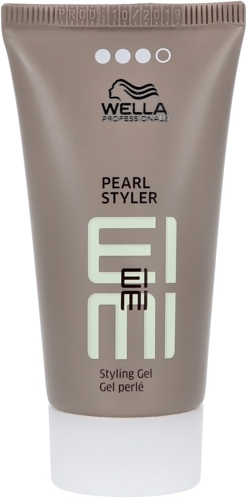 Een beige tube Wella Pearl Styler stylinggel met witte en zwarte tekst en logo, en een witte dop.
