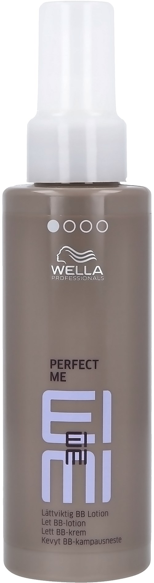 Een fles Wella Perfect Me BB Lotion met wit en paars label en pompdispenser.