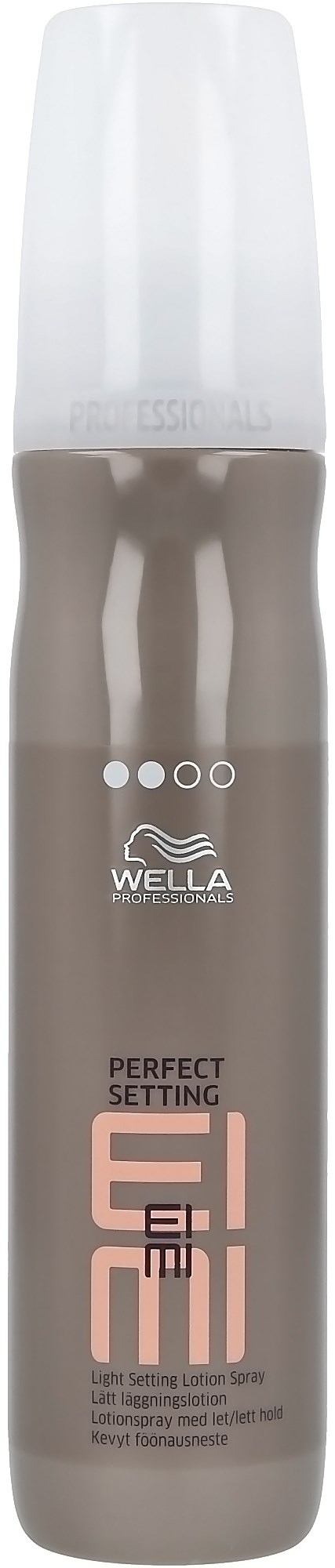 Een Wella haarstyling sprayspray met label 'Perfect Setting' met een grijze beker en witte dop.