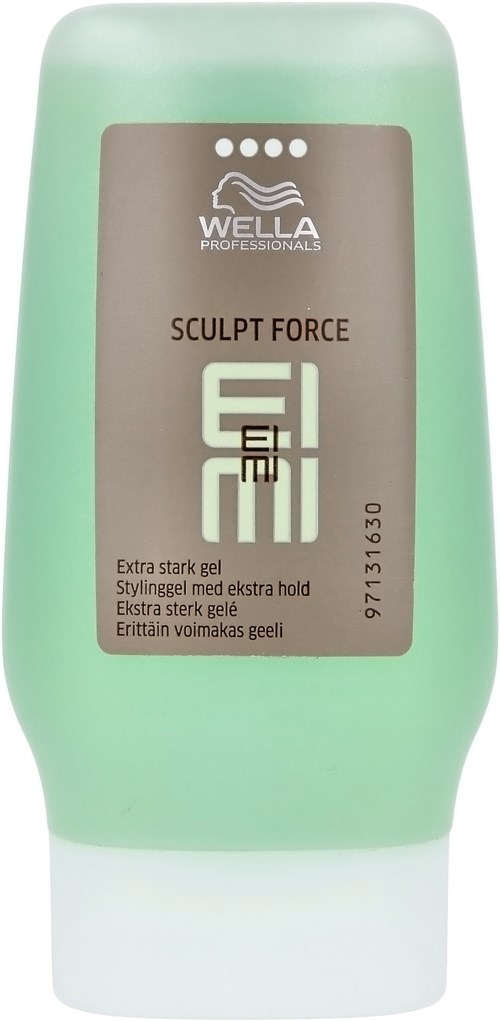 Een lichtgroene fles Wella Sculpt Force gel met een label die het merk en productgegevens toont.