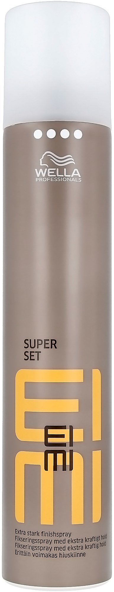 Een lange sprayfles met een witte dop en een bruine body, gelabeld Wella Super Set, voor haarstyling.