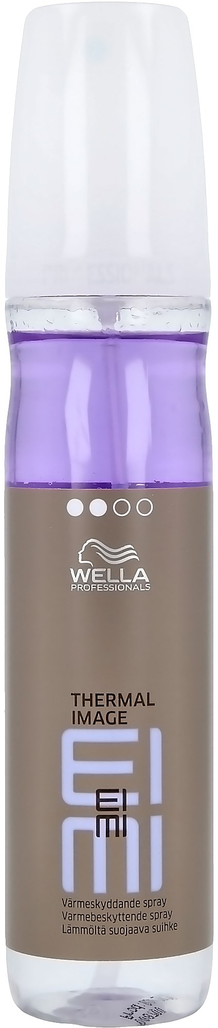 Een doorzichtige fles met paarse vloeistof en een wit deksel, gelabeld Wella Thermal Image, waarschijnlijk een haarstijlproduct.
