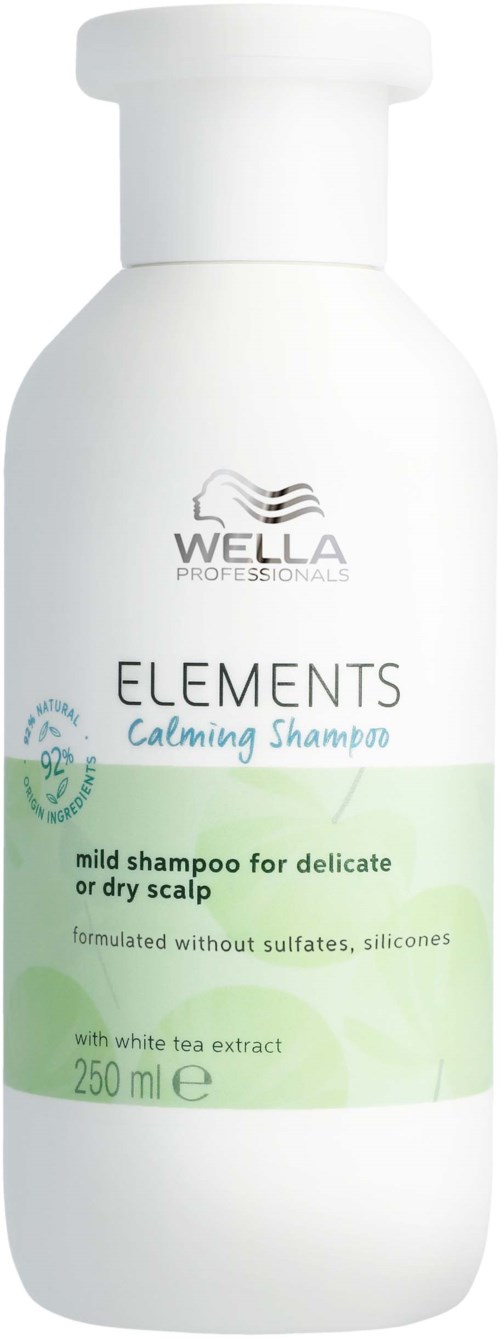 Vit flaska med lock, märkt Wella Elements Calming Shampoo, för känslig eller torr hårbotten, 250 ml. Mild formula.
