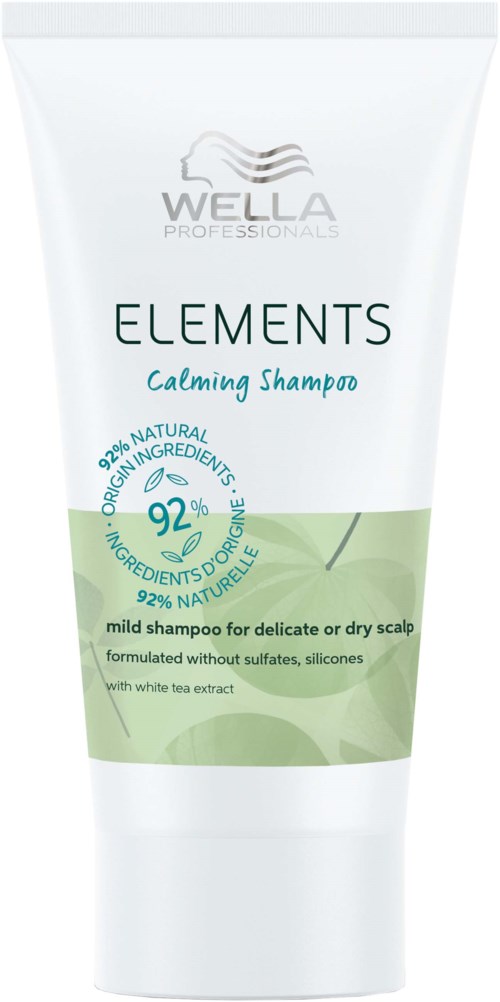 Witte tube Wella Elements Calming Shampoo met groene en blauwe details, bestemd voor delicate of droge hoofdhuid.