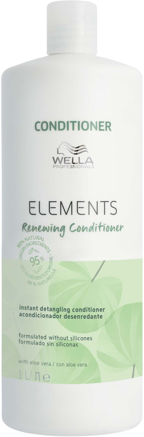 Valkoinen pullo Wella Elements renewing -hoitoaine, etiketti näyttää vihreitä lehtiä, 95 % luonnollisia ainesosia, helpottaa hiusten selvitystä.