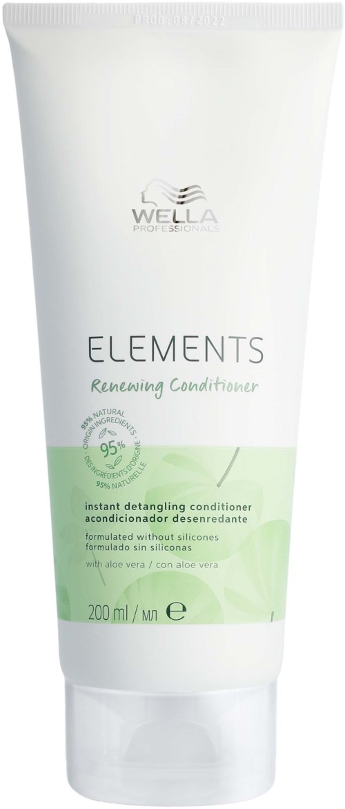 Valkoinen Wella Elements Replenishing Conditioner -tuubi, jossa on vihreää ja mustaa tekstiä. Sopii hiustenhoitoon, 200 ml.