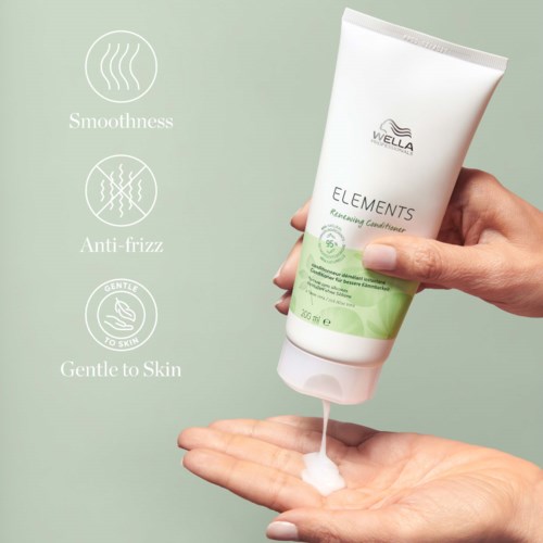 Käsi pitää Wella Elements Remelting Conditioner -tölkkiä, josta valuu tuote. Teksti korostaa sileyttä, ehkäisee pörröisyyttä ja on hellä ihoa kohtaan.
