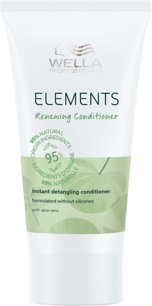 En vit tub med Wella Elements Renewing Conditioner med grön och grå text och logotyp, understryker naturliga ingredienser.