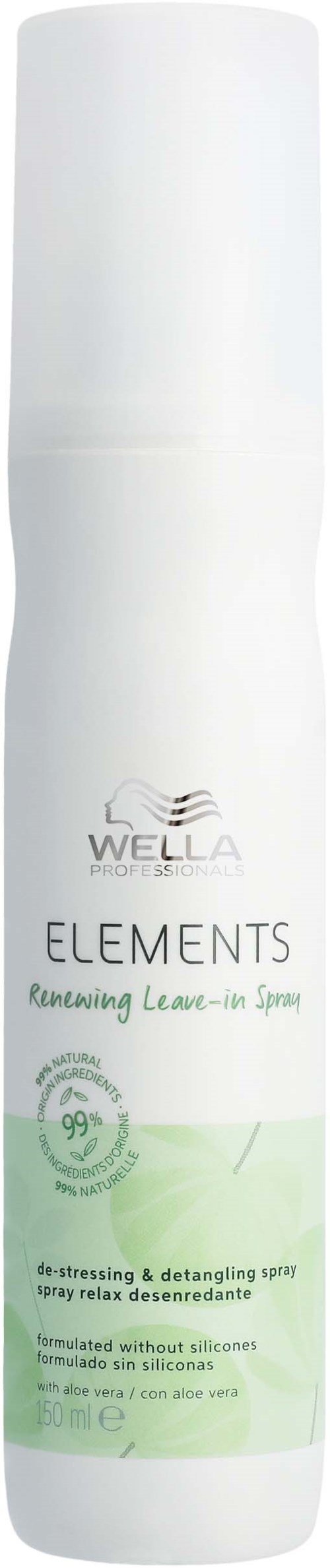 En vit flaska med pump, märkt Wella Elements, för att göra håret mjukt och lätt att hantera.