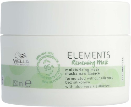 A white jar with green and black text for Wella Elements Renewing Mask, 150ml, with aloe vera and natural ingredients.
