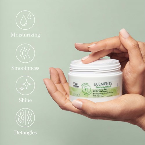 Hand holding a face mask jar, surrounded by icons and text describing moisturizing, smoothness, shine, and detangles.