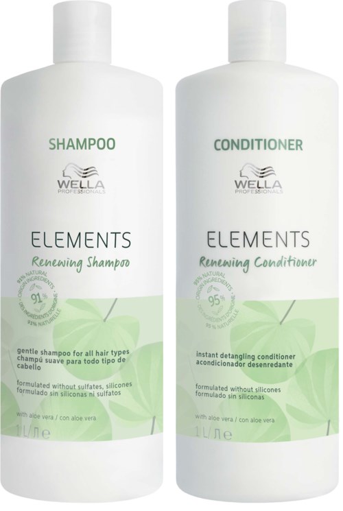 Kaksi valkoista pulloa, joissa lukee 'Shampoo' ja 'Conditioner', Wella Elements -brändin logo ja vihreitä lehtiä. Ne ovat hiustenhoitoon.