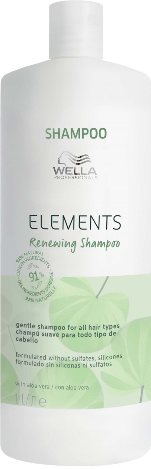 A white shampoo bottle labeled "Wella Elements Renewing Shampoo" with green text and leaf graphics.