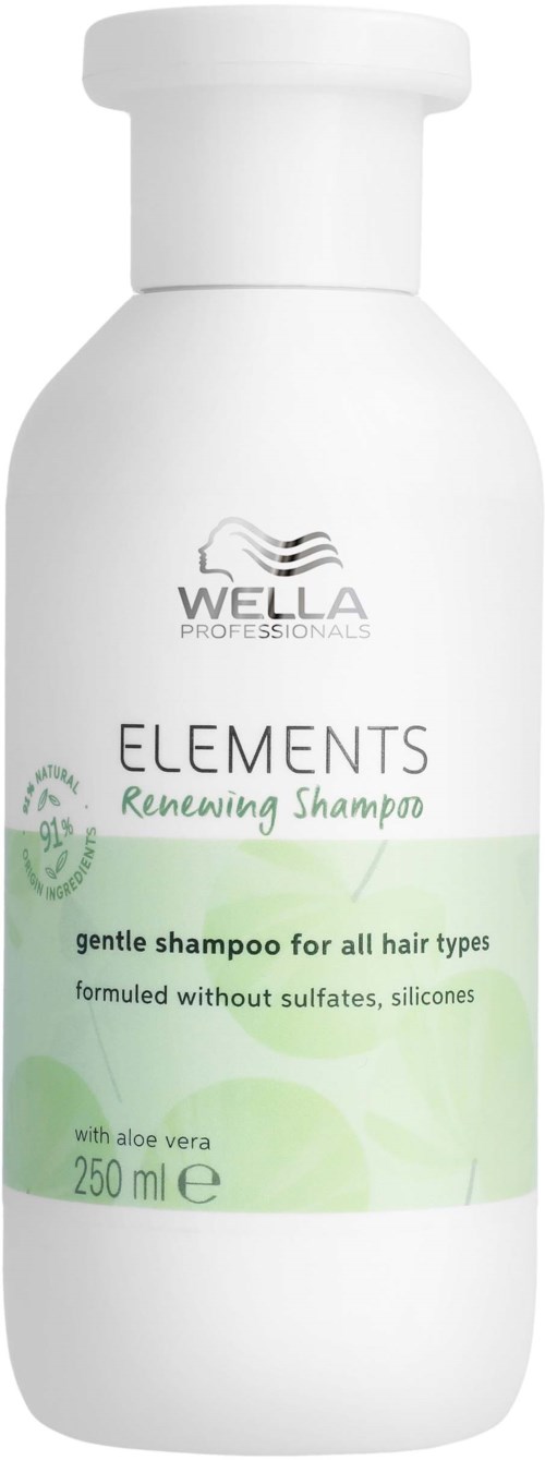 Valkoinen pullo Wella Elements Renewing Shampoo, yksinkertainen tarra, vihreitä yksityiskohtia ja käännettävä korkki.