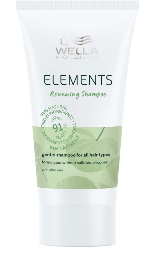 Een witte tube Wella Elements Renewing Shampoo met groene en zwarte tekst, benadrukt natuurlijke ingrediënten en aloe vera.